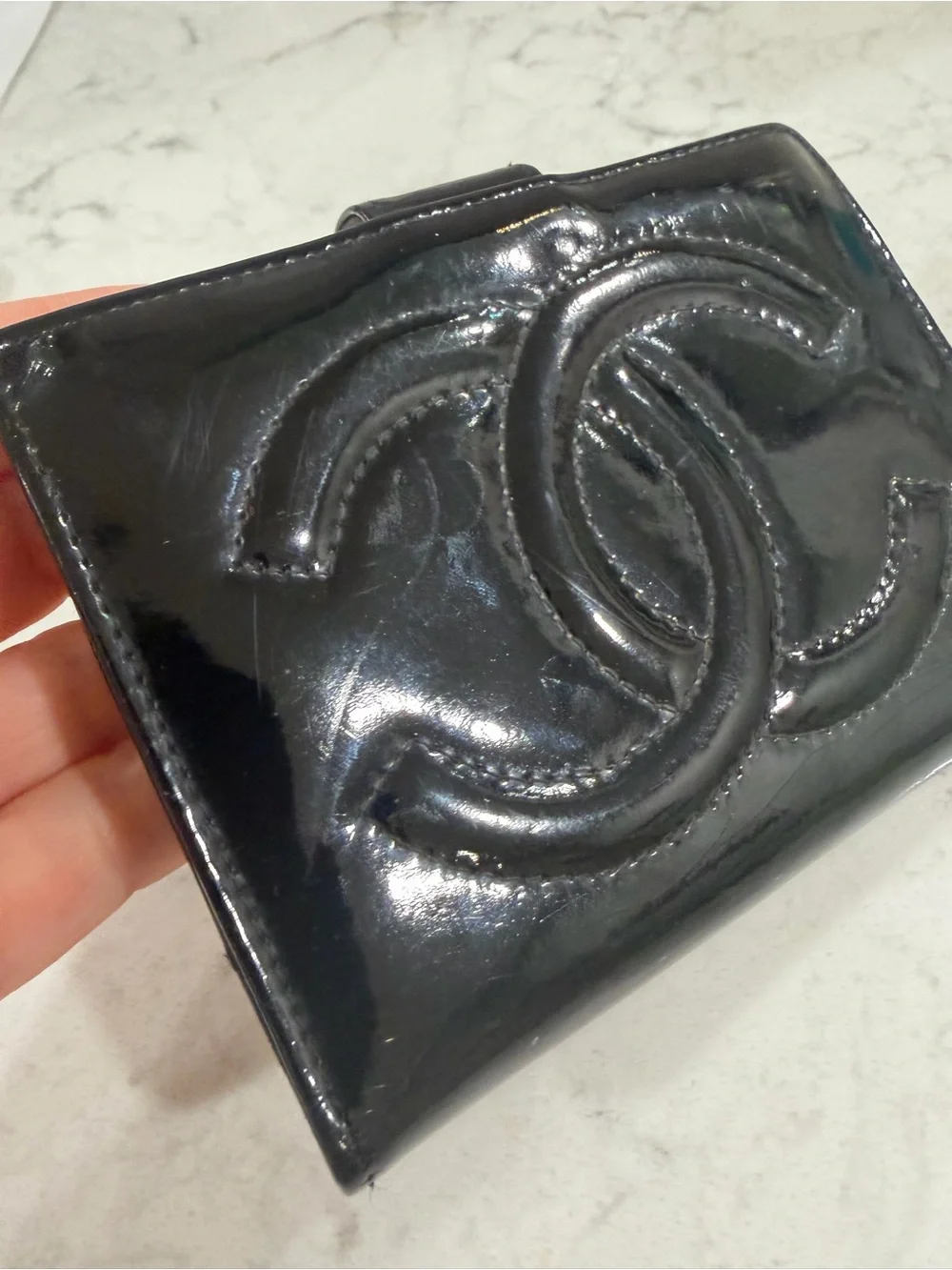 CHANEL Black Patent Leather CC Logo Wallet